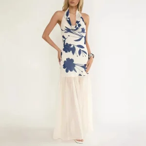 2026 - European and American vacation style neck-hanging long dress waist and back slimming mesh large skirt dress women