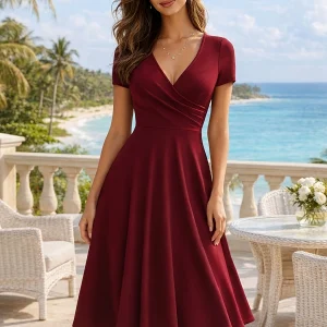 Women's Elegant Round Neck Summer Short Sleeve Solid A-Line Knee-length Dress High Waist Swagger Party Wedding Casual Departure