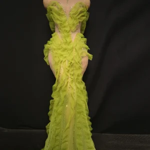 Elegant Sparkly Green Rhinestones Mesh Sheer Ruffle Maxi Dress Celebrate Eveing Birthday Party Nightclub Red Carpet Stage Wear