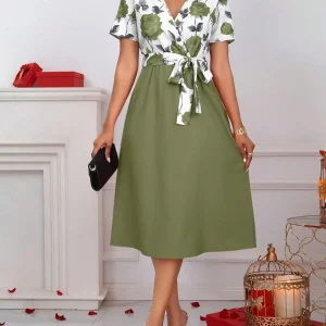 Women's Floral Print V-Neck Tie Waist Midi Dress - Rose Patchwork A-Line Short Sleeve Dress for Casual, Vacation & Wedding Guest