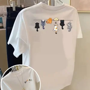 Cat Rope, Cartoon Cats Print Tshirt Short Sleeve Crew Neck Casual Top for Summer Spring, Women's Clothing
