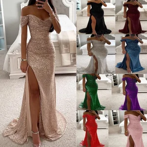 【New style】- 2026 European and American new style party sequ one-collar split dress casual fashion dress for women