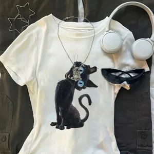 Coraline Cartoon Cat Print T-Shirt, Short Sleeve Crew Neck Casual Top for Women, Perfect for Summer and Spring,