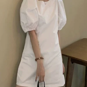 VONDA Summer Party Mini Dress 2024 Women Elegant Short Puff Sleeve Casual Solid Sundress O Neck Loose Pleated Holiday Vestidos