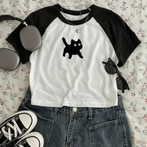 Cute Cat T Shirt Print Crop Top Sexy Cropped Short Sleeve Crew Neck T-shirt for Women Casual Spring Summer Clothing